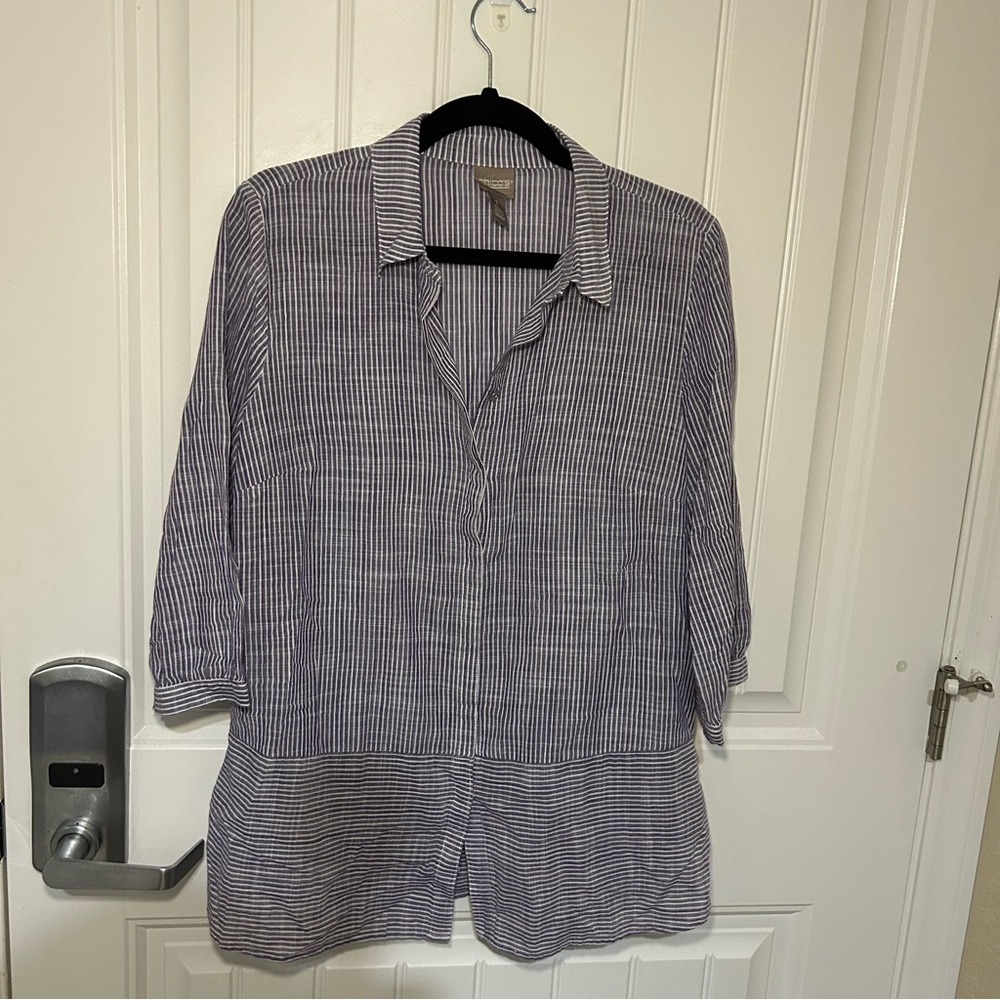 Chico’s 100% Blue & White Stripe Button Down Long Sleeve Blouse Size 8